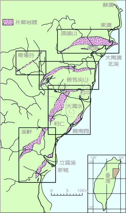 * 圖說：圖2.臺灣東部片麻岩體分布圖(原圖參考顏滄波，1954）。* 作者：莊文星