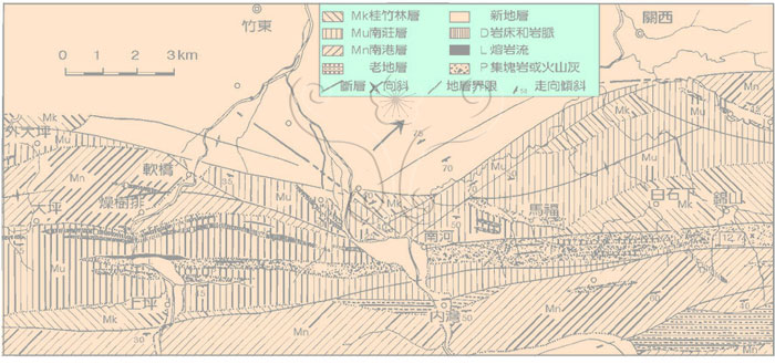 * 圖說：圖2.關西－竹東地區地質圖（取自許良基，1961）。圖中框內數字代表鉀－氬法定年結果，單位百萬年。* 作者：莊文星