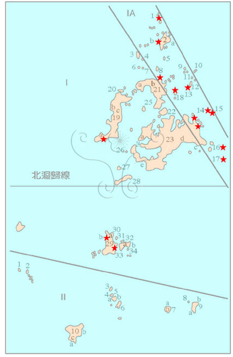 * 圖說：圖1.澎湖列島地質剖面位置索引及地質區域畫分圖。I、II及IA區域畫分之說明詳見本文；星號代表鹼性玄武岩含有超基性團塊之露頭位置。* 作者：莊文星