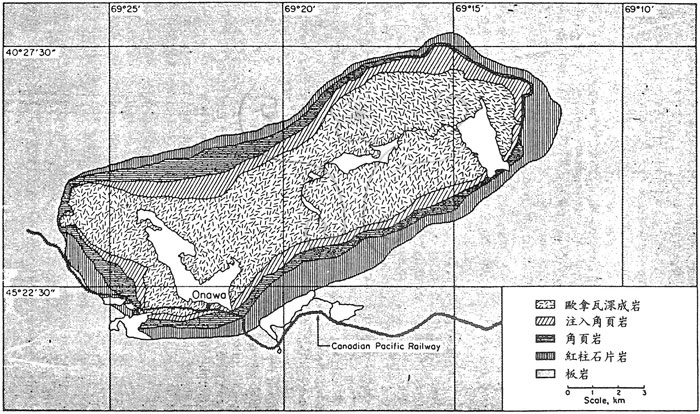 * 圖說：圖3. 緬因州歐拿瓦深成岩體之變質圈示意圖(根據Philbrick, 1936)* 作者：莊文星