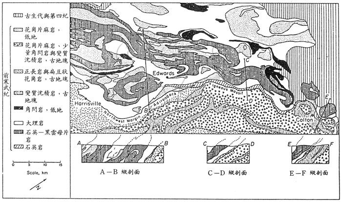 * 圖說：圖1. 美國紐約州阿底隆戴克山脈前寒武紀片麻岩、花崗岩－片麻岩與混合岩分布圖(根據Engel and Engel, 1958；1960)* 作者：莊文星