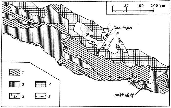 * 圖說：圖2. 尼泊爾變質岩分布圖(根據Sobolev, 1982)：(1)紅柱石－矽線石型；(2)－(3)藍晶石帶；(2) 藍晶石帶；(3) 矽線石帶；(4)花崗岩；和(5)斷層線。* 作者：莊文星