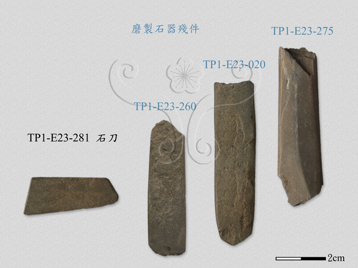 * 圖說：TP1-E23試掘區遺址的石刀與磨製石器殘件* 作者：黃琇娟拍攝編製* 智財權：國立自然科學博物館