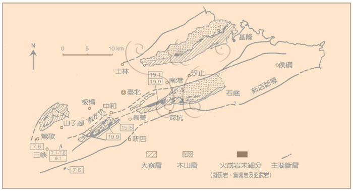 * 圖說：
				圖1.臺灣北部基隆與三峽間中新世下部火山岩分布圖（原圖取自何春蓀，1969）。框內數字代表鉀－氬法定年結果，單位百萬年。