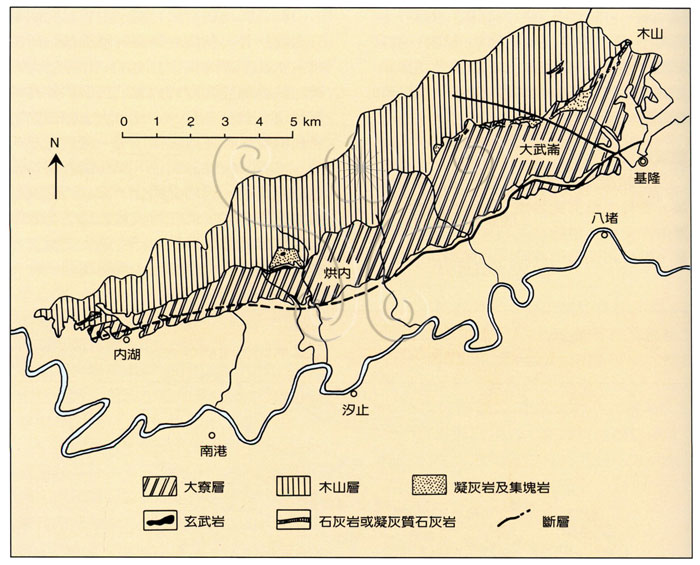 * 圖說：
				圖2.基隆至內湖間地質略圖並示中新世下部火山岩分布（原圖取自何春蓀，1969）