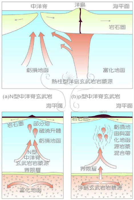 * 圖說：
				圖1.一般正常中洋脊玄武岩(N－型)與洋島玄武岩或熱柱型中洋脊玄武岩(P－型)母岩漿來源示意圖(根據Zindler et al., 1984)。