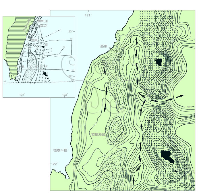 * 圖說：
				圖1.臺灣東部外海震測航線、海底地形及構造分區示意圖。