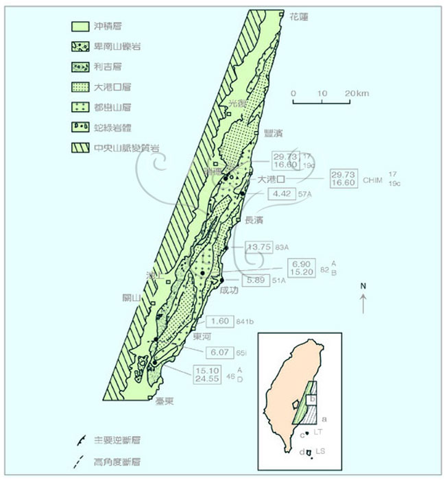 * 圖說：
				圖5.臺灣東部海岸山脈地質及岩石定年採樣位置圖（原地質圖參考徐鐵良，1956）