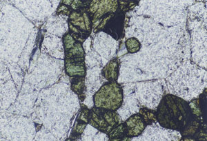 * 圖說：
				圖2.鹼性花崗岩薄片顯微鏡照相。粗粒酸性深成岩，主要由石英、鹼性長石和鹼性輝石（綠色）或鹼性閃石（棕綠色具交叉解理）等礦物組成。