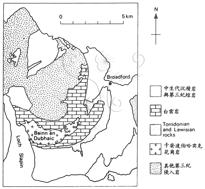 * 圖說：
				圖1. 史凱島卡安達伯哈奕克花崗岩體變質圈及鄰近區域地質圖(根據Harker, 1904)