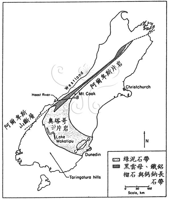 * 圖說：
				圖1. 紐西蘭奧塔哥片岩漸進式區域變質帶略圖(根據Reed, 1958)