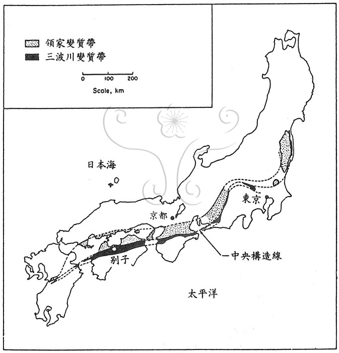 * 圖說：
				圖1. 日本三波川與領家變質帶分布圖(根據Miyashiro, 1961)