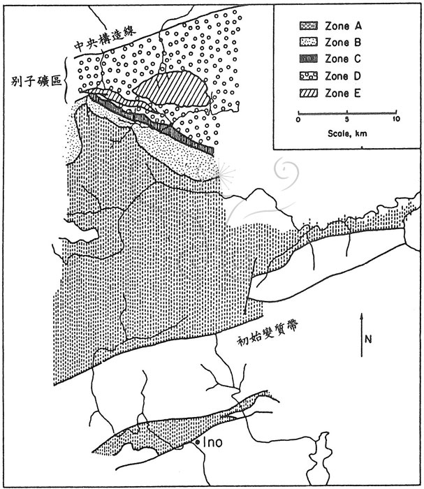 * 圖說：
				圖2. 日本四國別子礦區漸進式區域變質帶分布圖(根據Banno, 1964)