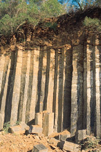 * 圖說：
				圖5. 福建佛曇玄武岩具有垂直之柱狀節理與水平之頁狀剝離，當地稱魚鱗石。