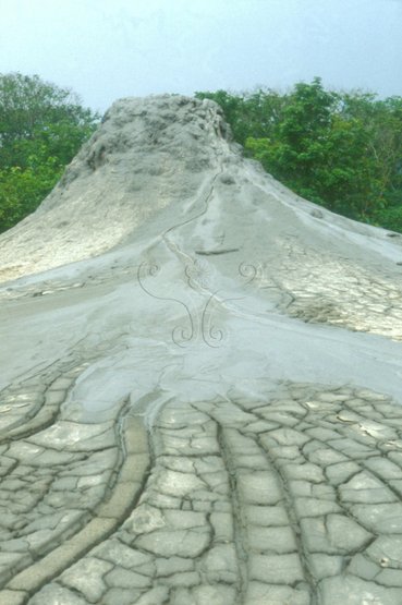 圖23.烏山頂泥火山泥流日曬乾涸後，常佈滿裂縫，稱為泥裂，V字型裂痕呈現出上寬下狹而尖端朝下。