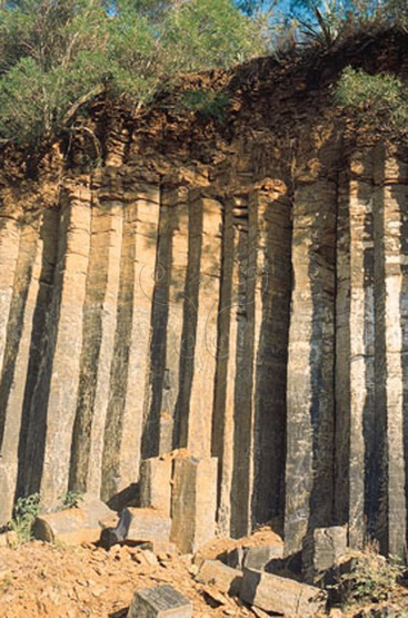 圖5.福建佛曇玄武岩具有垂直之柱狀節理與水平之頁狀剝離，當地稱魚鱗石。